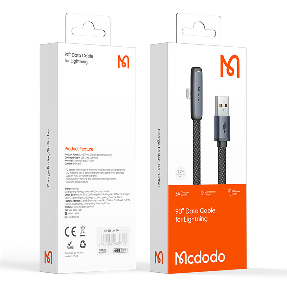 MCDODO CA-2790 MDD 1.2m Nylon Braided Data Cord Elbow Angled USB to Lightning 3A Fast Charging Cable - Black MCDODO CA-2790 MDD 1.2m Nylon Braided Data Cord Elbow Angled USB to Lightning 3A Fast Charging Cable - Black